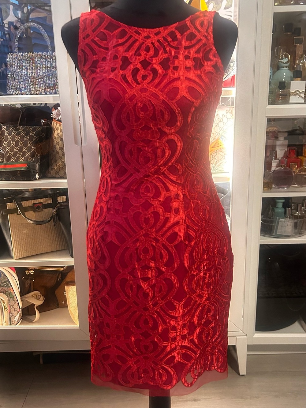 Aidan Mattox Red Lace Midi Dress S 4